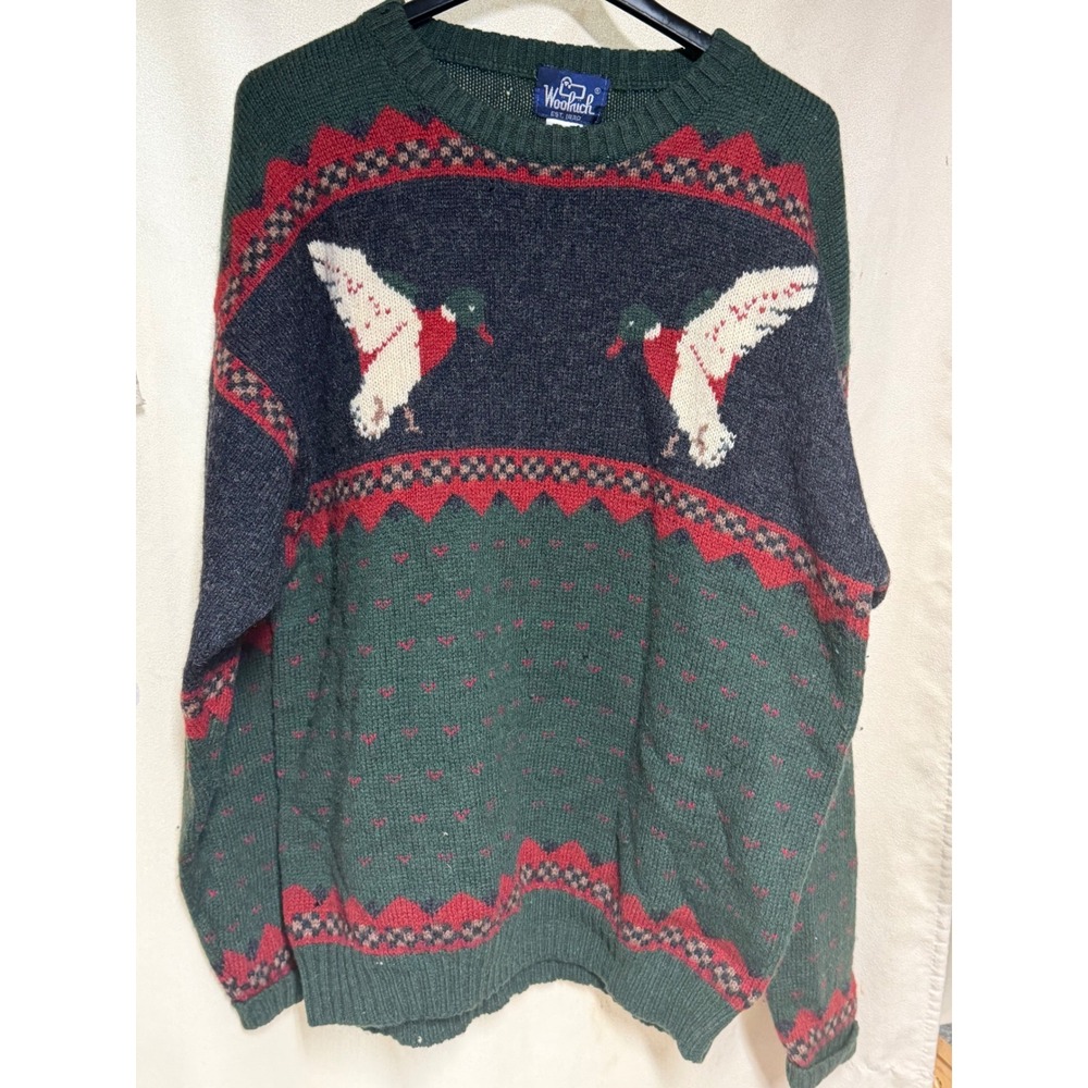 Woolrich Vintage 100% Wool Mallard Duck Fair Isle Sweater Mens Large Green 9638